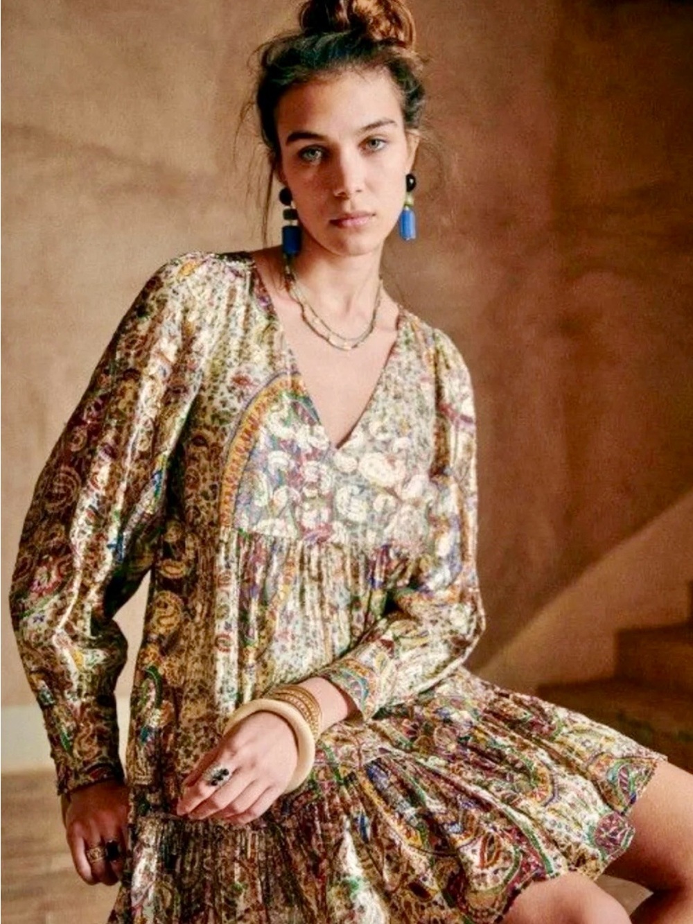 SEZANE Boho V-Neck Paisley Mini Dress - Gold Multicolor